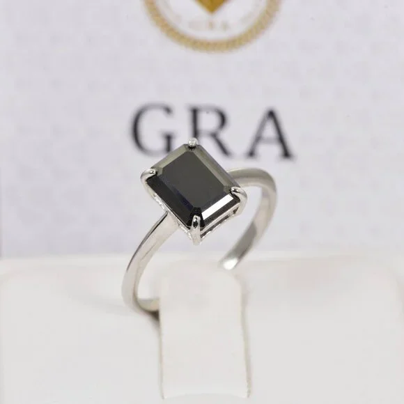 Certified Black Moissanite Diamond 2CT Solitaire Engagement Ring sz 8 - Picture 2 of 7